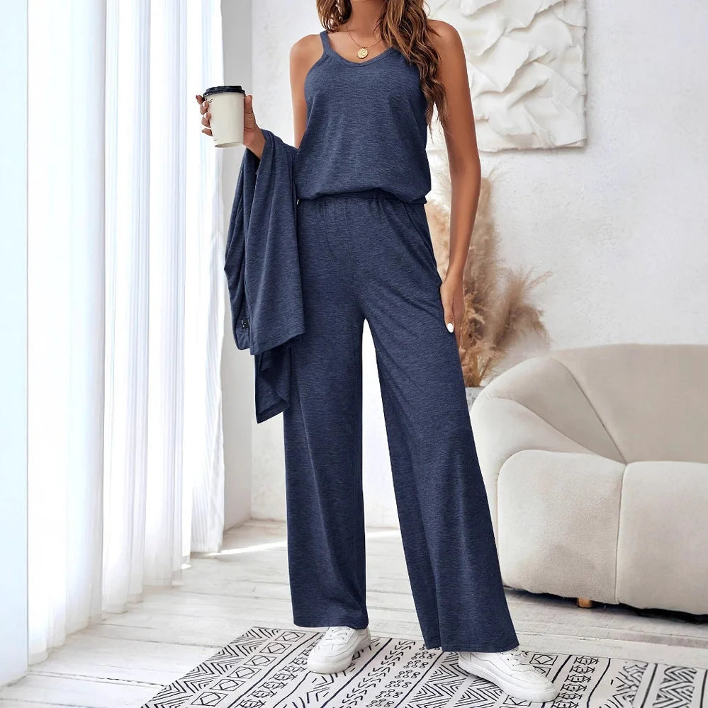 Women's blue three-piece suit with sling top, long cardigan, and trousers in Japanese-Korean casual style