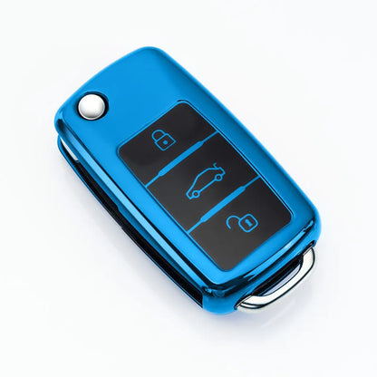 TPU car key bag in gem blue with folding design for three keys, showing single-shell construction