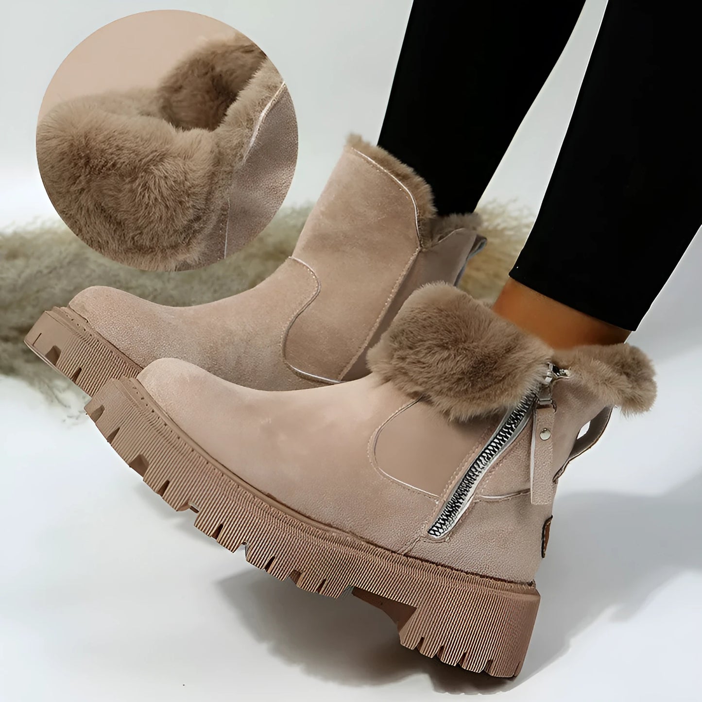 Women's black high top snow boots with a faux suede upper and side zipper on a white background.