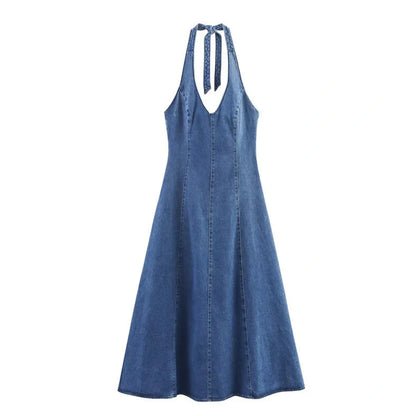 Women's off-the-shoulder backless denim dress with lace-up detail and A-line skirt in streetwear style