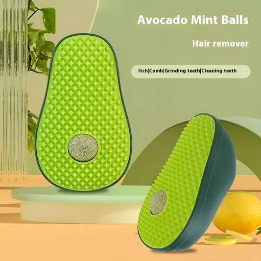 Green avocado-shaped cat toy with a central scratching post for cats.