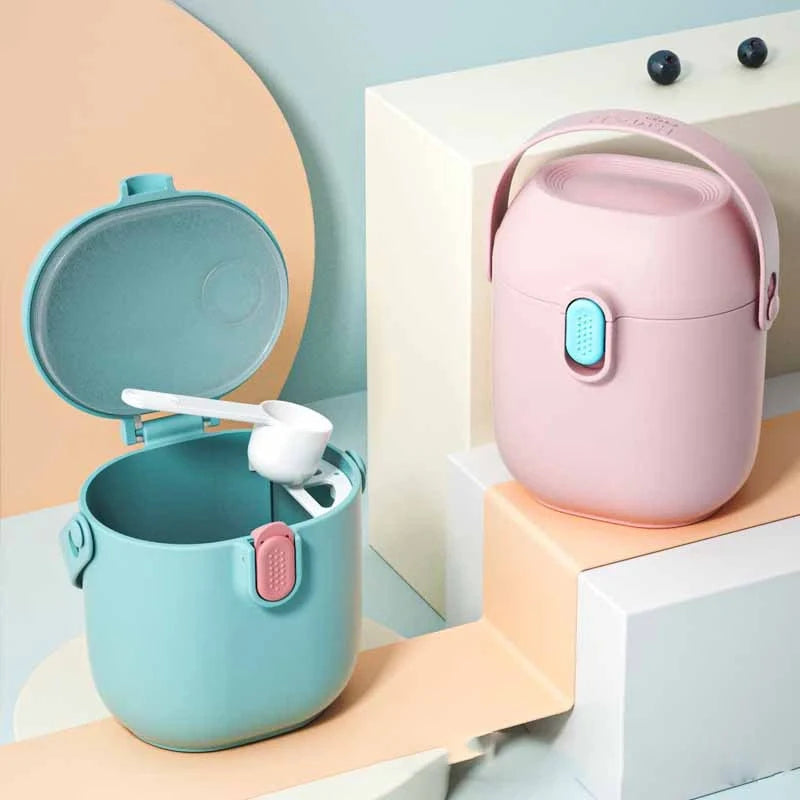 Airtight baby milk powder storage container with scoop in blue, green, and pink
