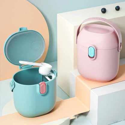 Airtight baby milk powder storage container with scoop in blue, green, and pink