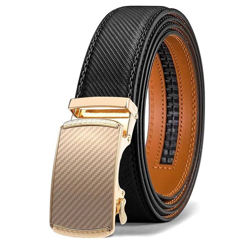Men's brown PU leather belt with an automatic alloy buckle on a textured background.