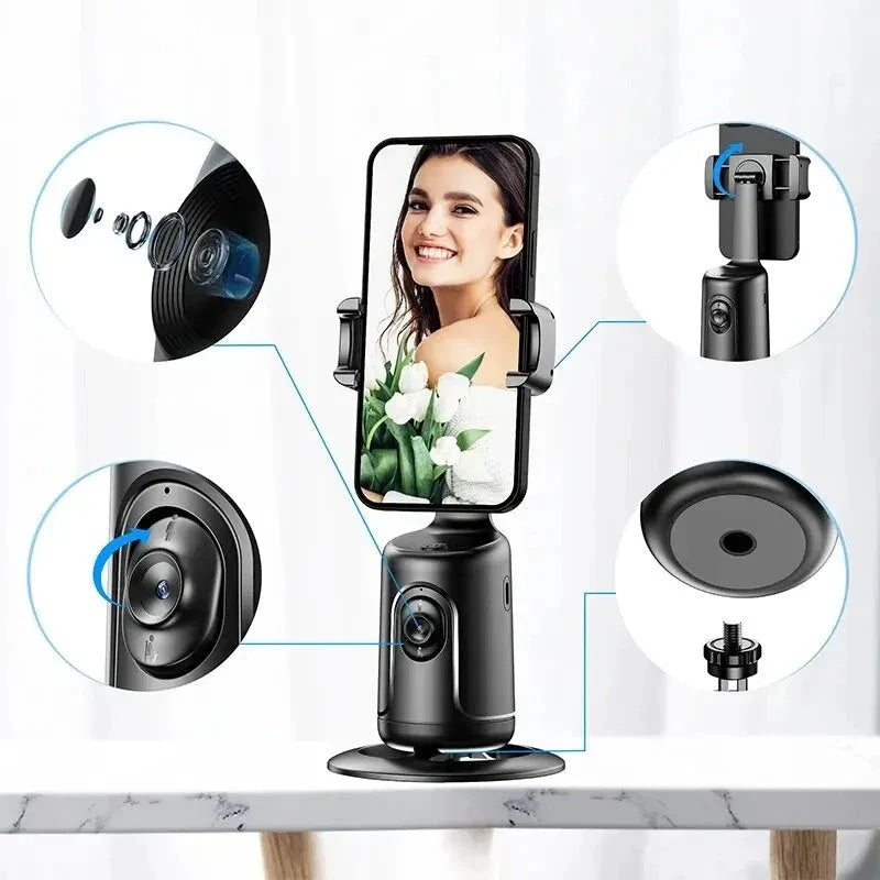 360° Auto-Tracking Smartphone Gimbal with AI Face Tracking, Stabilization, and 360° Rotation for Vlogging, Live Streaming, and Video Recording