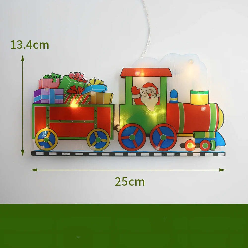 LED Christmas hanging lights with suction cups showing snowman design illuminated on window