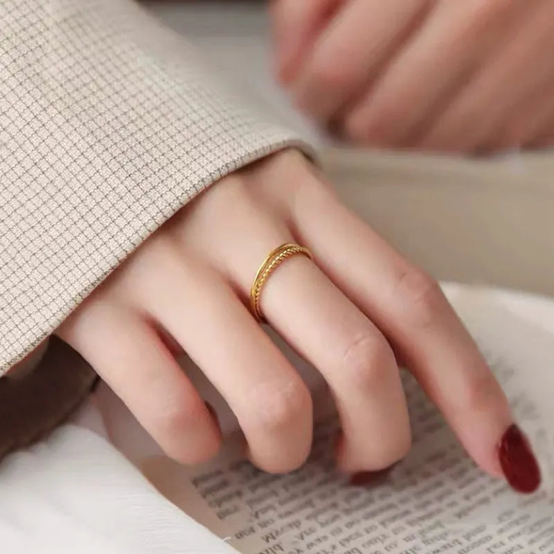 Brass gold plated women's bracelet ring shown in glossy, matte, and twist styles.