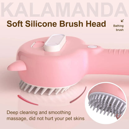 Blue cat steam brush with ergonomic handle and rubber bristles for pet grooming