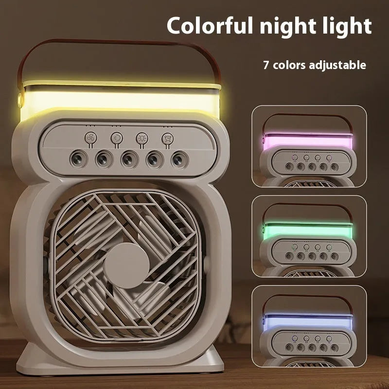 Portable evaporative air cooler humidifier fan with LED night lights in black, blue, green or white