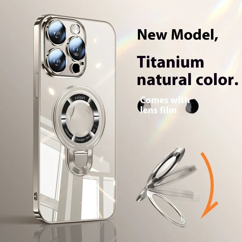 Desert gold electroplated iPhone 17 case showing 360-degree rotating bracket extended and magnetic back surface