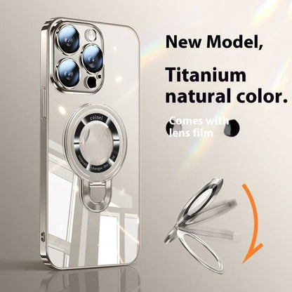 Desert gold electroplated iPhone 17 case showing 360-degree rotating bracket extended and magnetic back surface