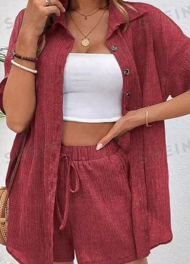 Women's cardigan and lapel shirt set with single-breasted closure in burgundy, black, or blue