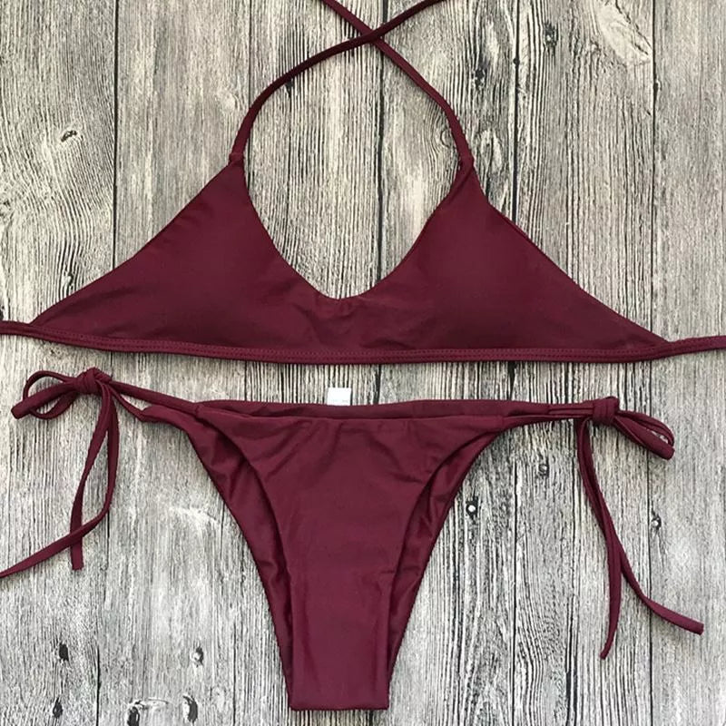 Women's solid color bikini set in black, wine red, or green, made from durable vinylon fabric