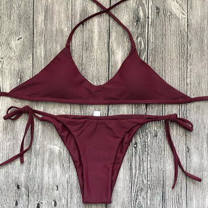 Women's solid color bikini set in black, wine red, or green, made from durable vinylon fabric
