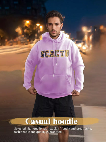 Cotton long sleeve printed hoodie for men and women in black, khaki, and purple