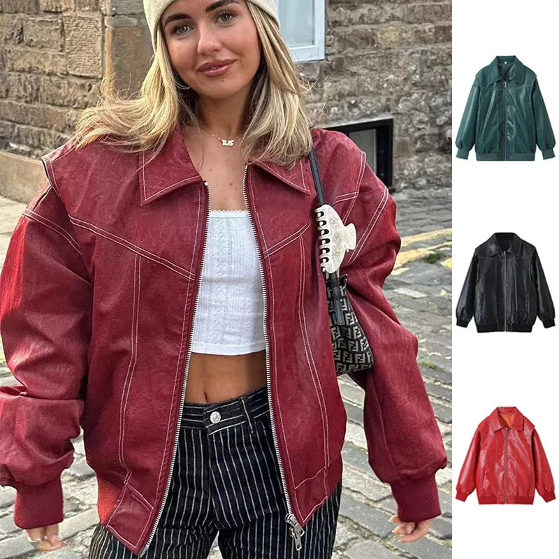 Women's loose fashion lapel zip-up jacket in chenille fabric with princess sleeves