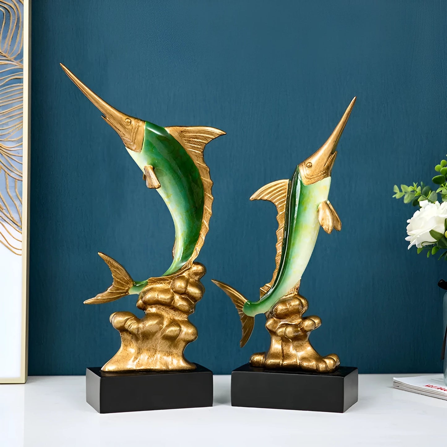 European-style swordfish resin ornament in Brilliant Gold, Coral Red, Lake Blue, or Sea Green colour options