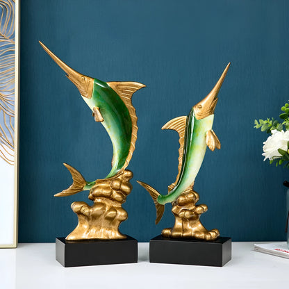 European-style swordfish resin ornament in Brilliant Gold, Coral Red, Lake Blue, or Sea Green colour options