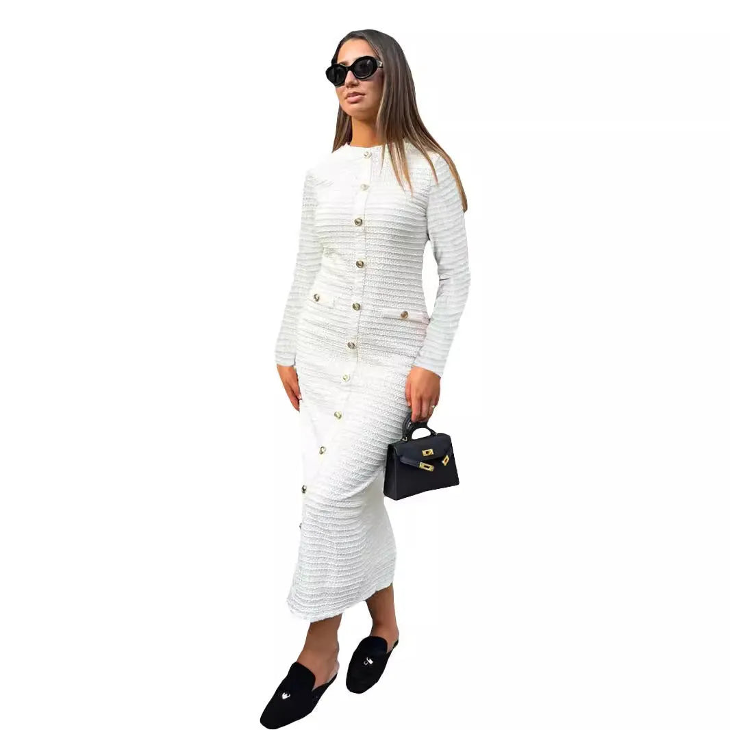 French retro slim fit knitted long-sleeved dress with buttons in black or white.