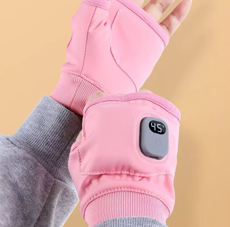 USB rechargeable electric winter gloves with digital display in black and pink