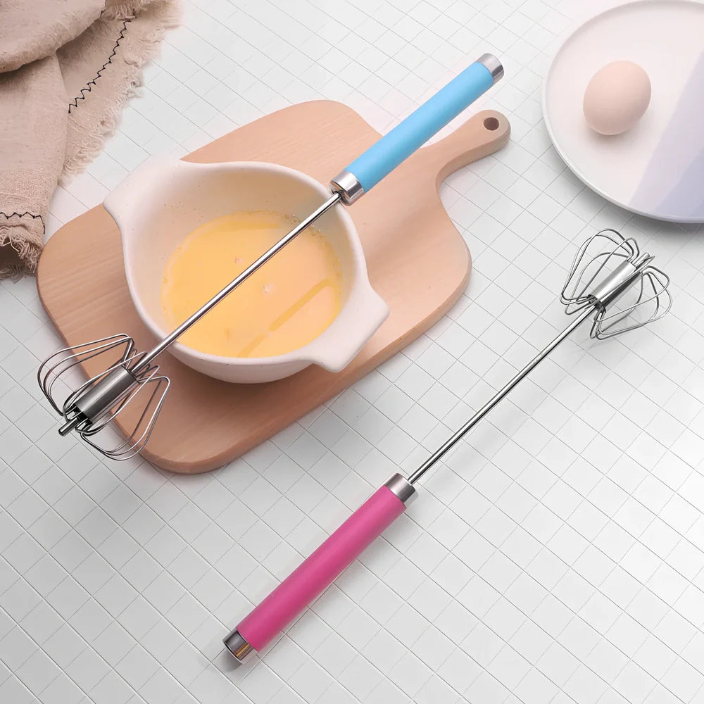 Self-spinning whisk with straight stainless steel design and black handle in multiple colours