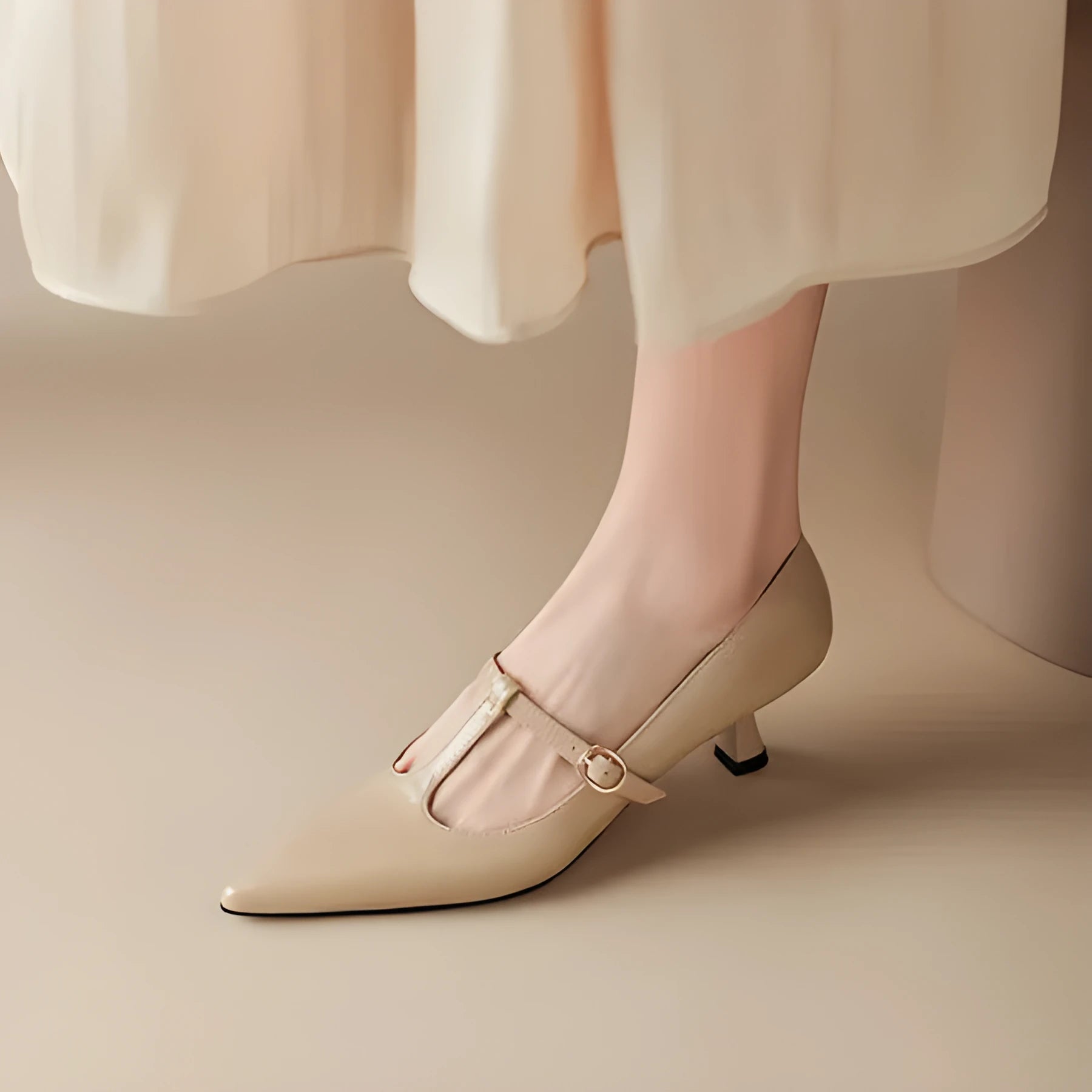 Women's black leather square toe high heel shoes with a 6-8cm heel on a plain background.