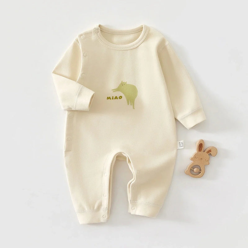 Pure cotton boneless baby jumpsuit with long sleeves available in six colour variations, suitable for infants from 66cm to 90cm height with four specific size options for accurate fitting.