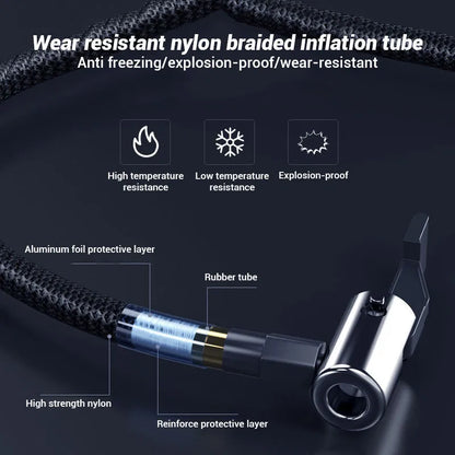Wireless digital display tyre inflator pump showing pressure reading, with four air nozzles and flannelette storage bag