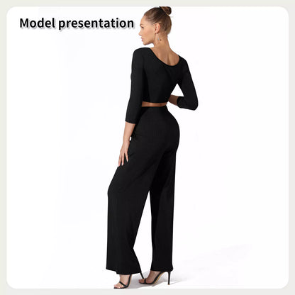 Women's solid color top and pants set in black or coffee, sizes S to 4XL