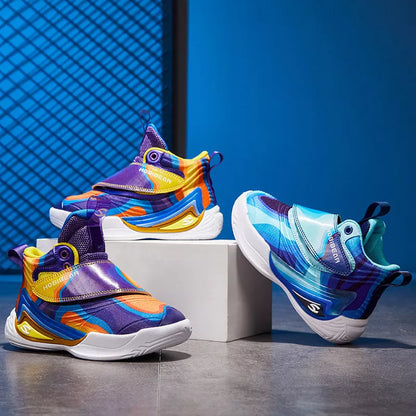 Children's breathable PU leather and mesh basketball shoes with Velcro closure in purple blue and purple yellow