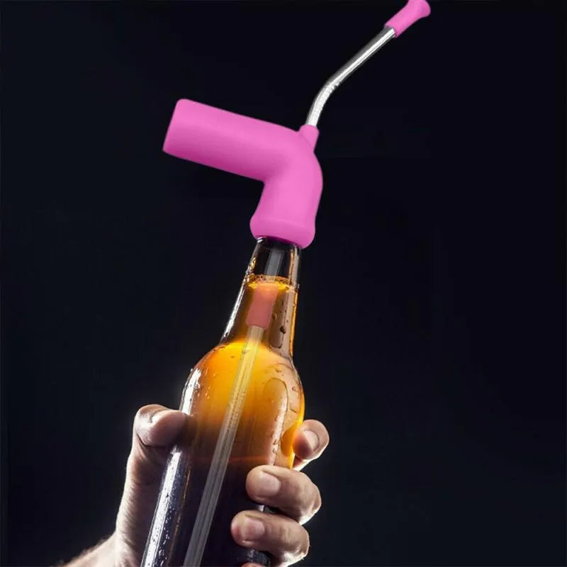 Beer snorkel straw with stainless steel rod, TPE mouthpiece, and vent pipe for faster drinking from bottles