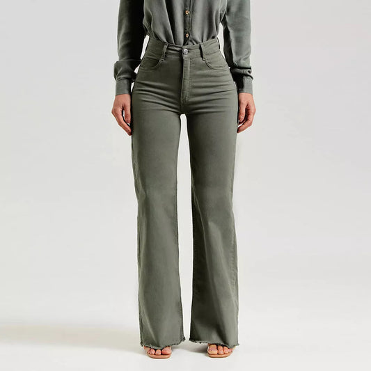 Slim fit stretch denim flared pants in olive green with micro flared design and zipper detail