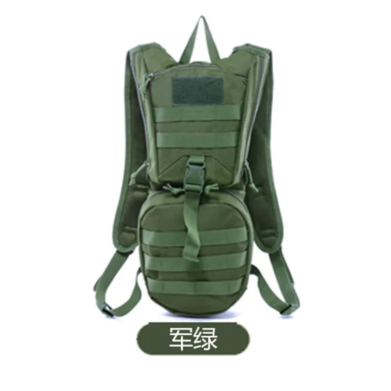 Green camouflage cycling hydration backpack with large main compartment and ergonomic back panel.