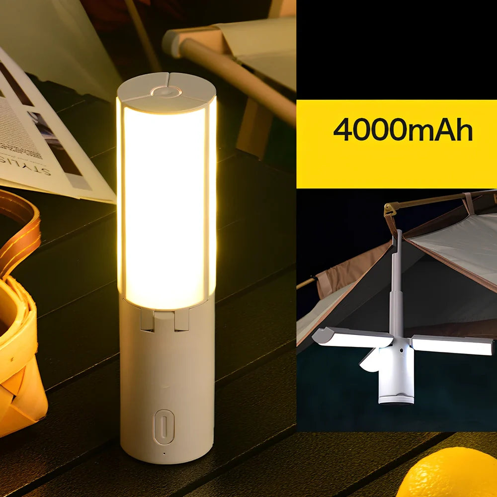 Folding camping light shown in expanded and collapsed positions with USB charging cable