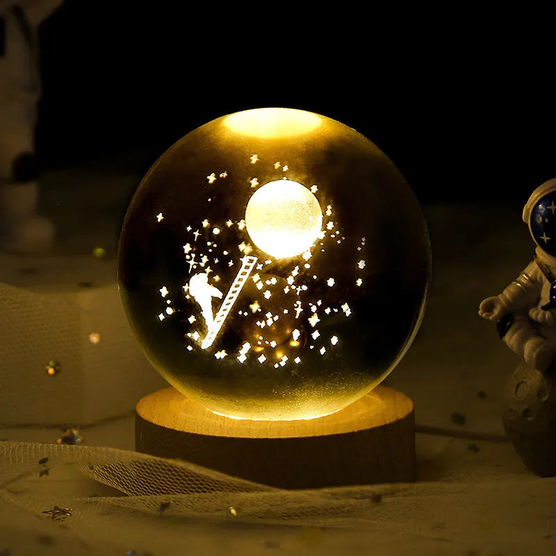 Crystal ball night light projecting 3D starry sky and planets with solid wood base