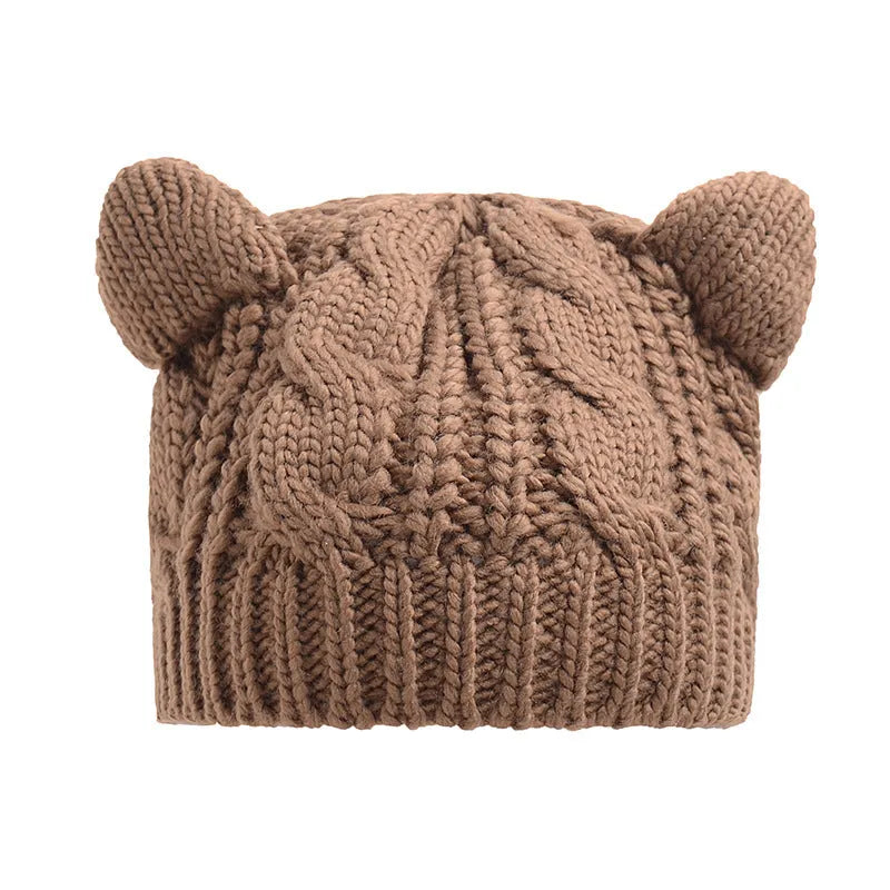 Handmade 3D cat ear knitted beanie in multiple colours showing 25cm width and 22cm height dimensions