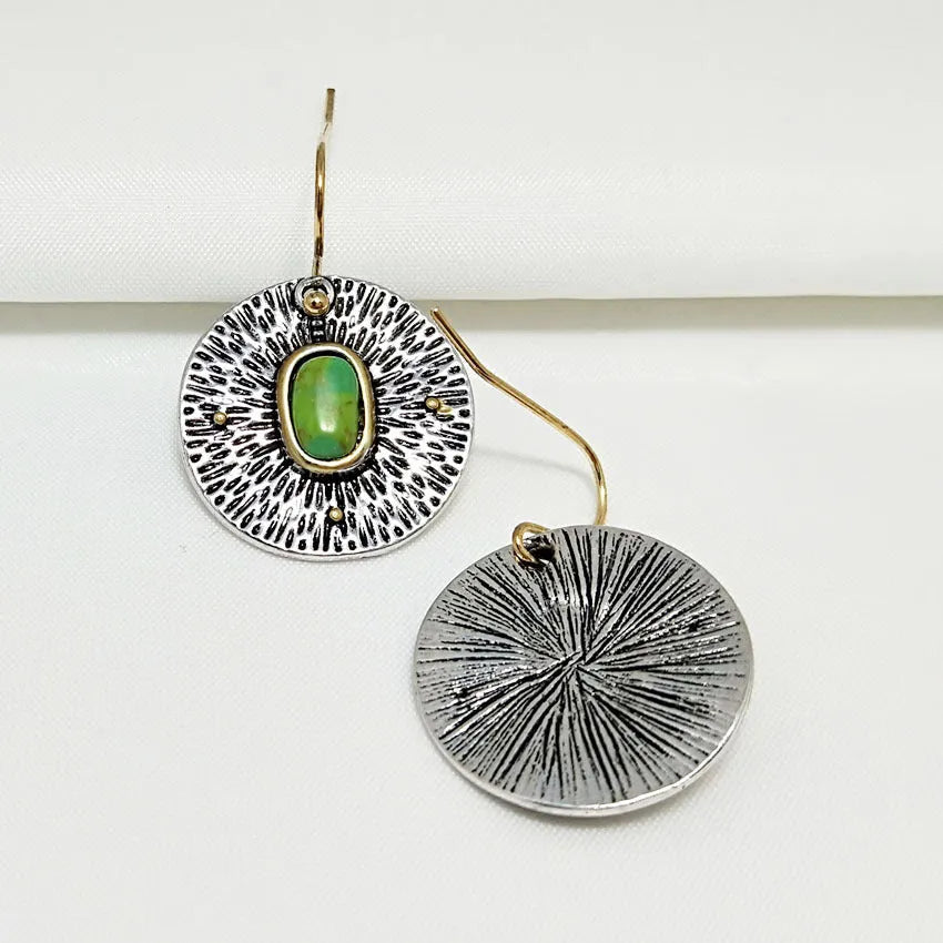 Turquoise colour separation antique silver alloy earrings with electroplating treatment