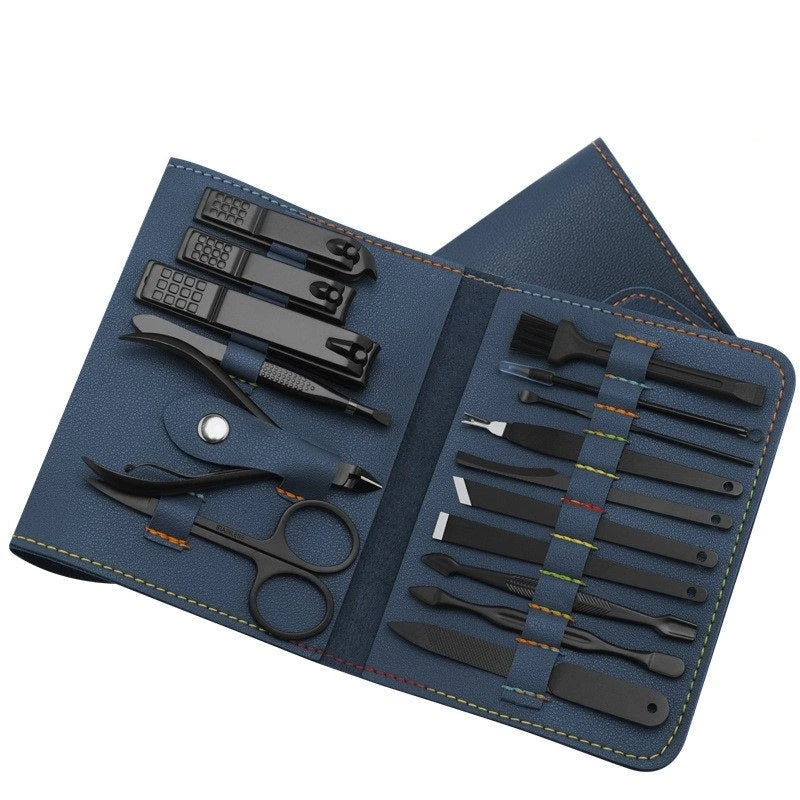 Premium 16-piece manicure set with sleek leather case, including nail clippers, scissors, tweezers, and other grooming tools