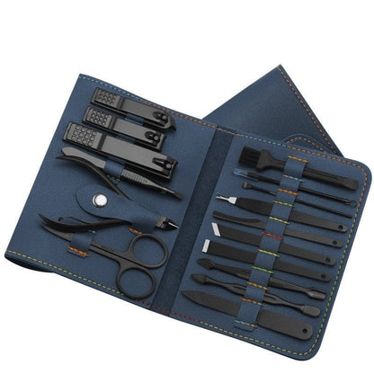 Premium 16-piece manicure set with sleek leather case, including nail clippers, scissors, tweezers, and other grooming tools