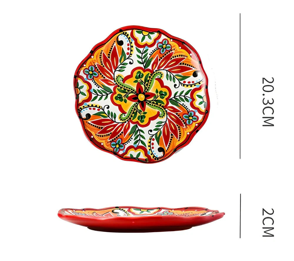 Underglaze ceramic bowl with Bohemian floral pattern in blue mandarin duck design, 8 inch diameter