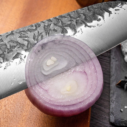 Handmade hammered forged Santoku knife with 18cm stainless steel blade and full tang handle