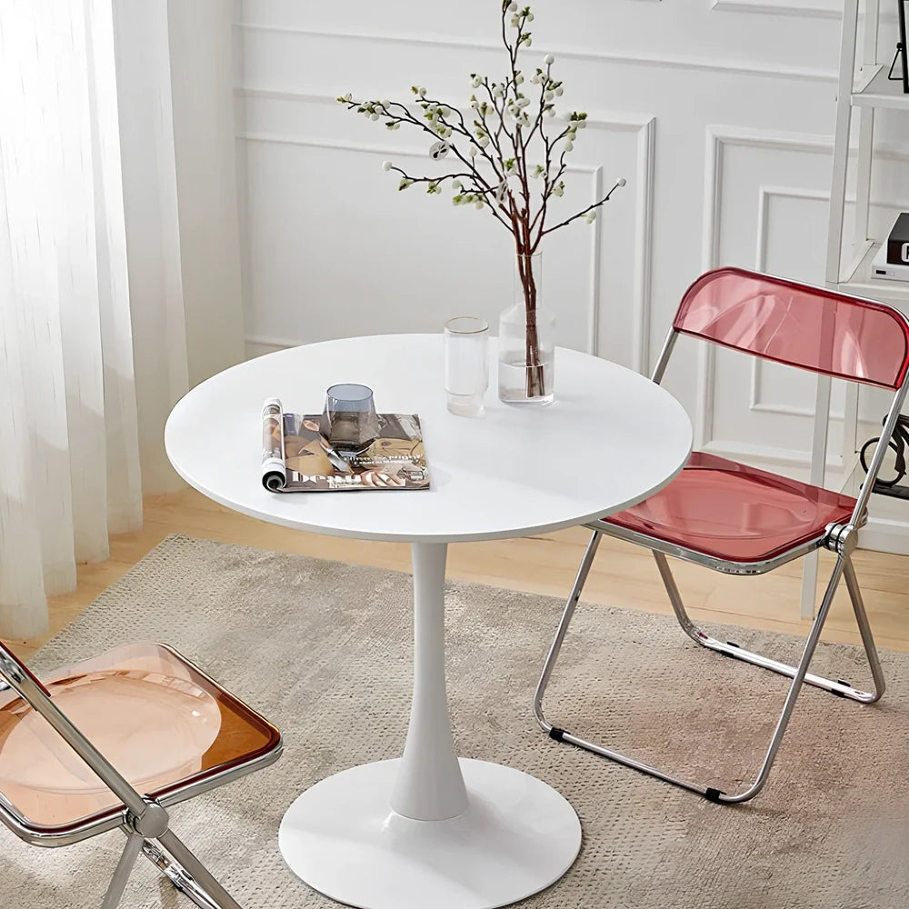 Scandinavian style coffee table with folding chairs in white finish, 60cm diameter