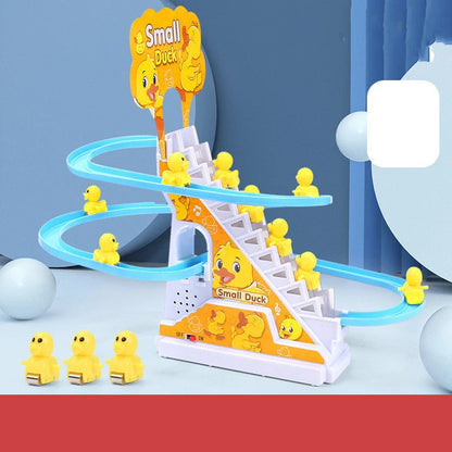 Little Duck Climbing Stairs Toy showing three yellow ducks on rotating slide with colourful LED lights