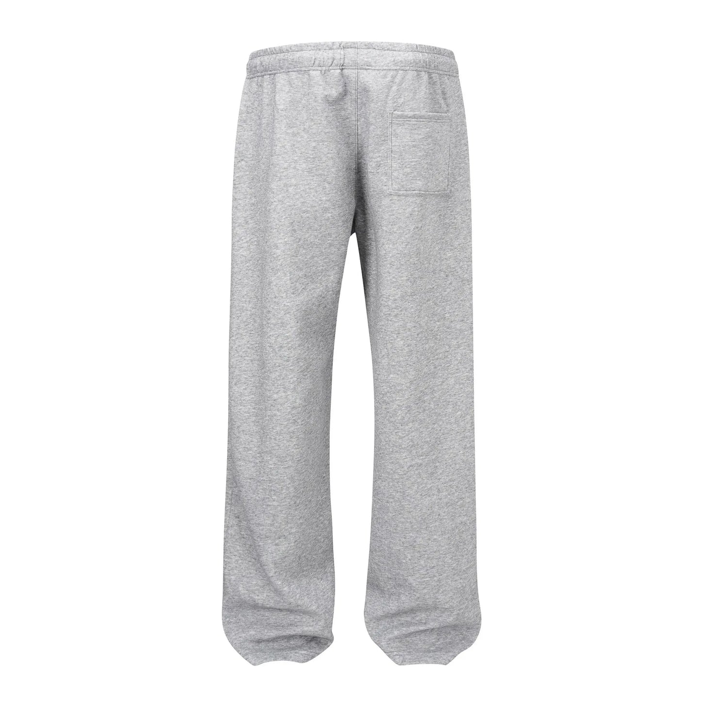 Men's straight-leg grey cotton casual trousers with an elasticated waistband laid flat.