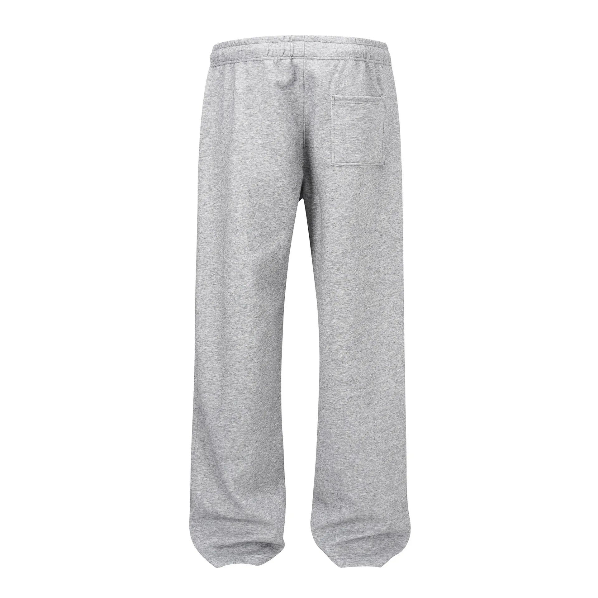 Men's straight-leg grey cotton casual trousers with an elasticated waistband laid flat.