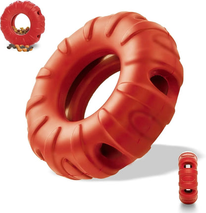 Blue tyre-shaped dog chew toy with oval openings, made from natural rubber for slow feeding