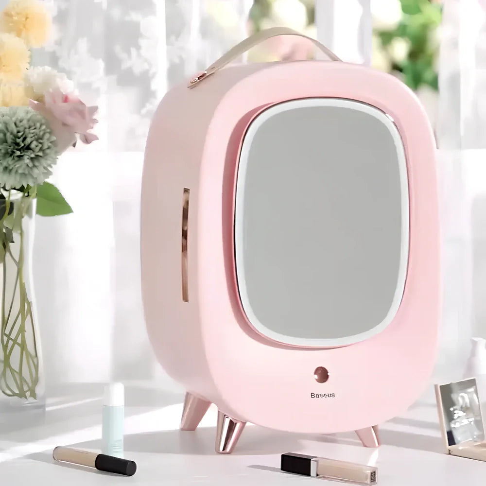 Pink makeup refrigerator with 13-litre capacity for cosmetic storage measuring 440mm wide