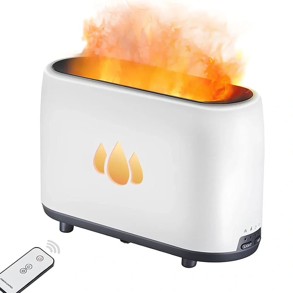 White H9 flame simulation humidifier with 280ml tank on desk, showing ultrasound mist and LED flame effect for aromatherapy