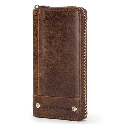 Men's brown genuine cowhide leather long wallet open to show card slots, RFID protection symbol, and zippered coin section.