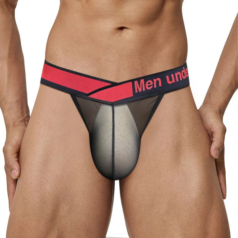 Men's black ice silk briefs with low waist and large V gradient high fork design on a white background